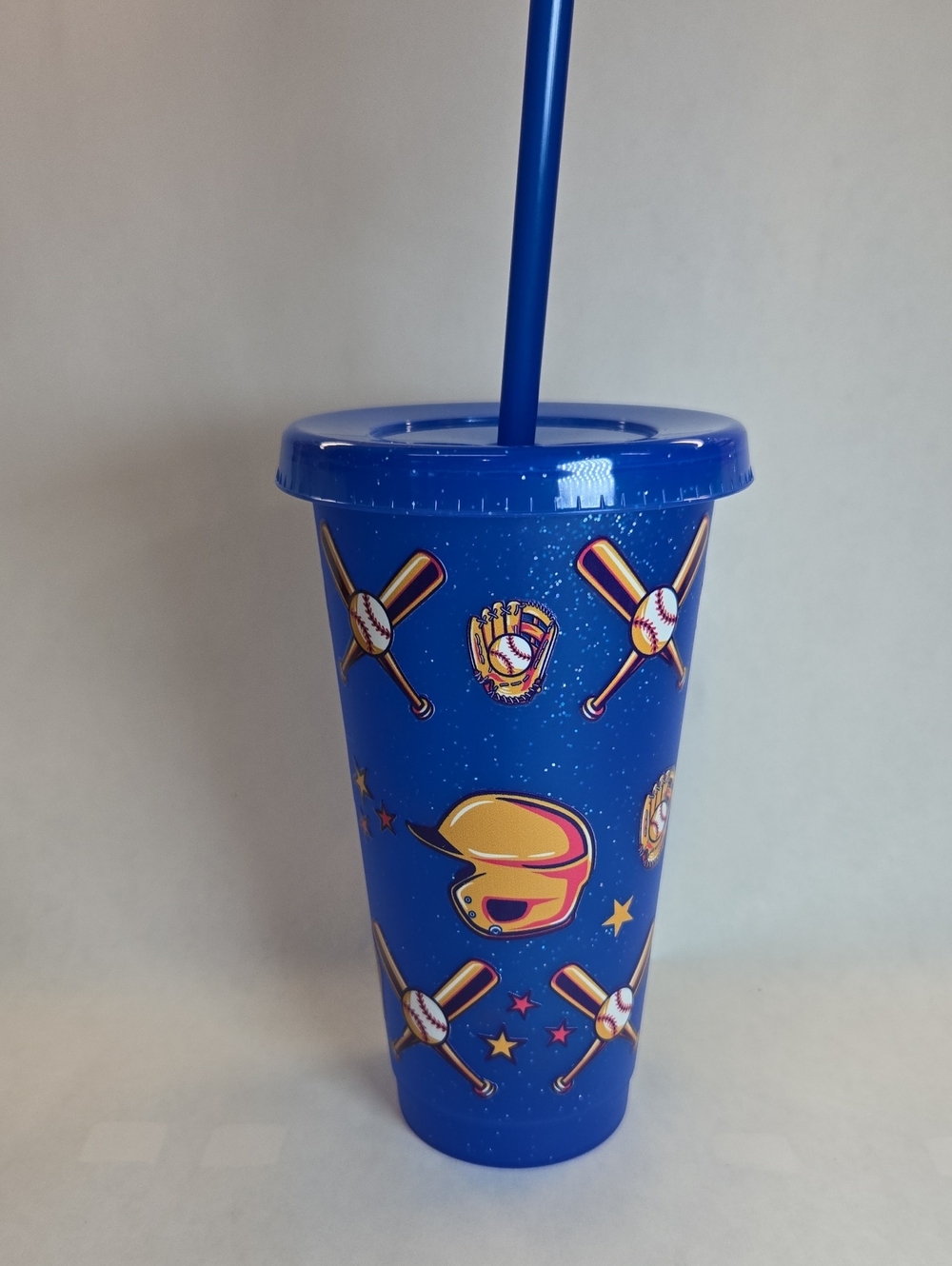 Blue Baseball-Themed Plastic Tumbler with Lid & Straw